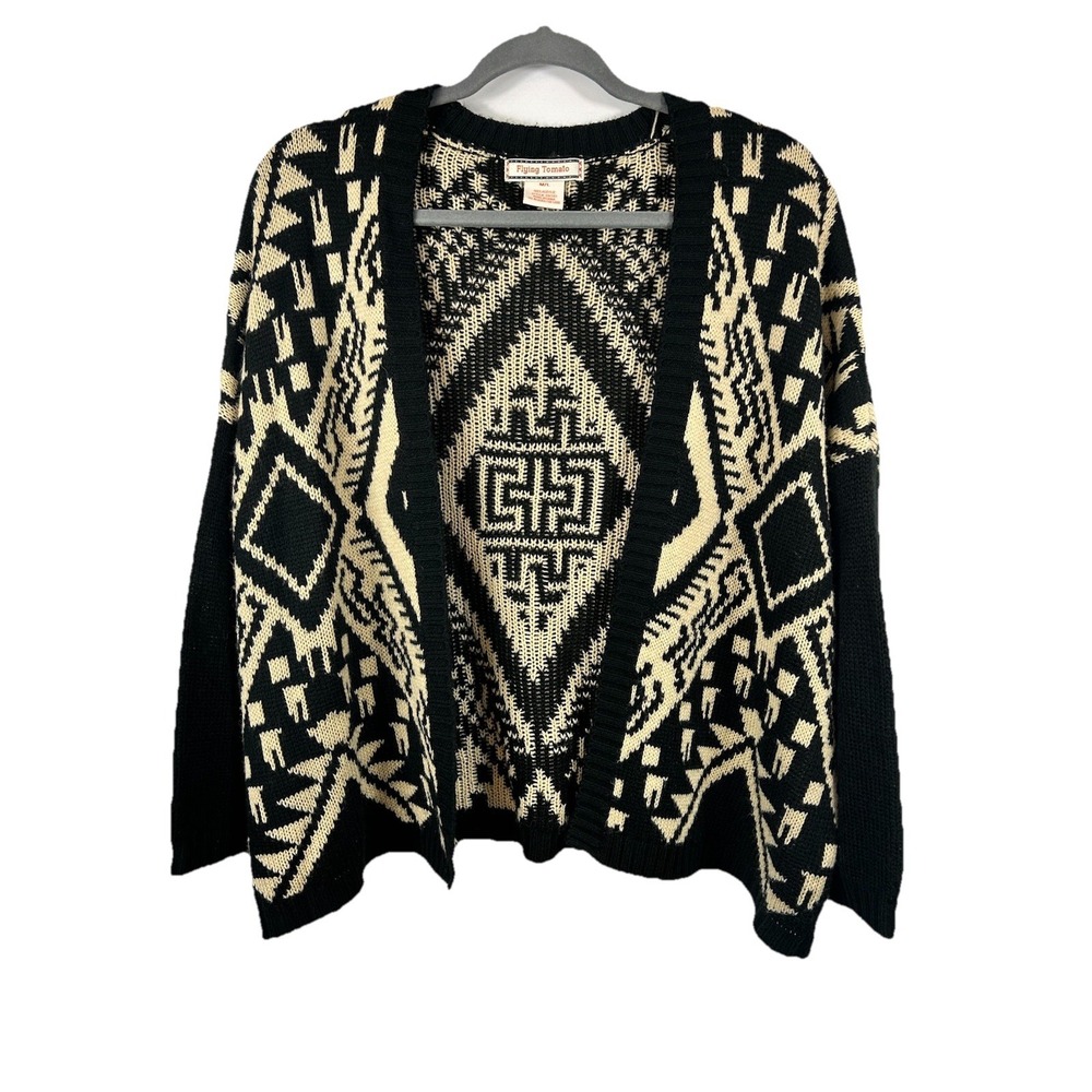 Flying Tomato Open Front‎ Cardigan Black Cream M/L Southwest Boho Aztec Print